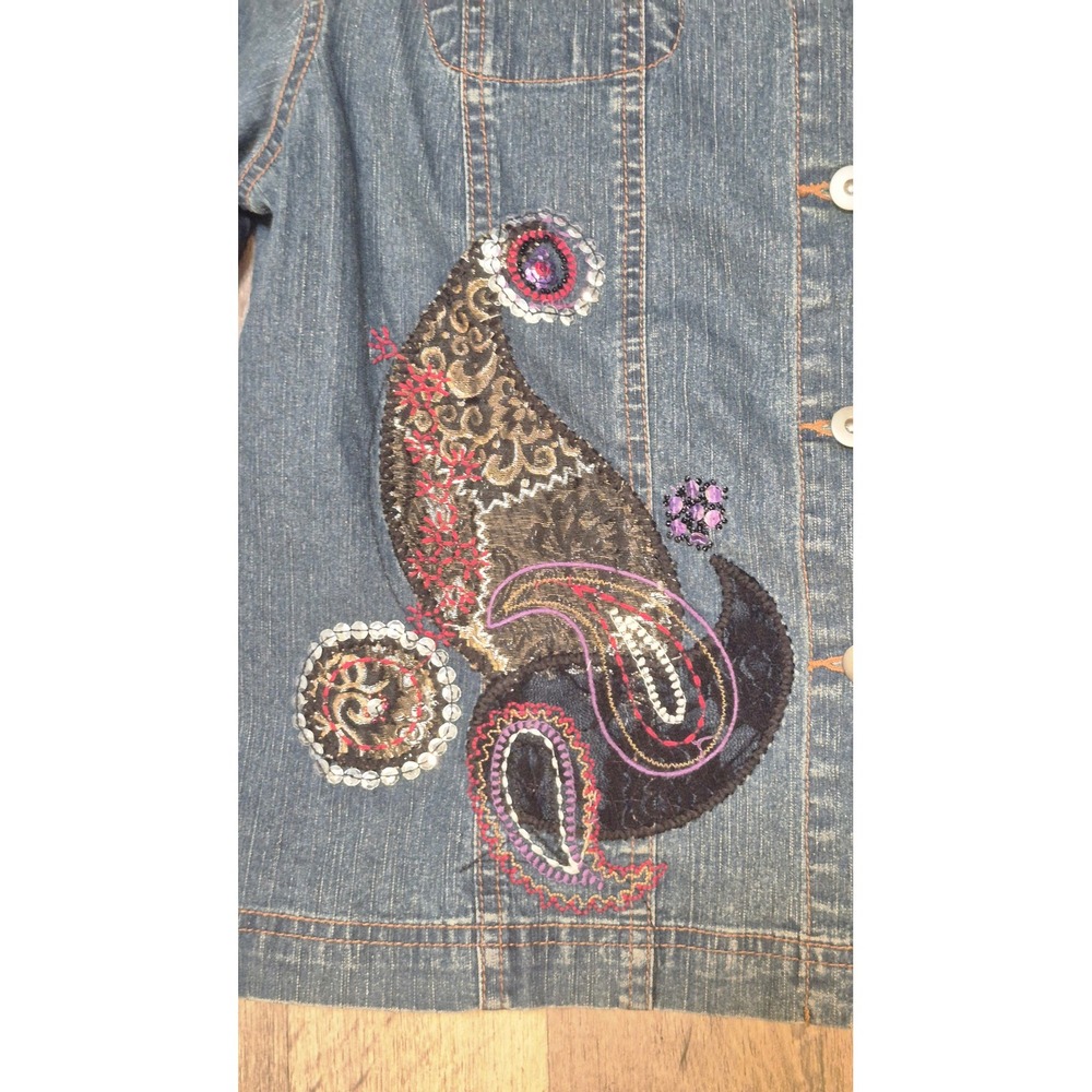 Boho Boutique Western Denim Jacket Embellished Embroidery Rhinestone Blue 14 L - Picture 3 of 12